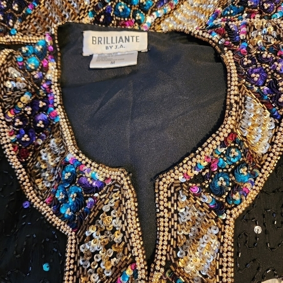 Brilliante Silk Beaded Sequin Jacket Black Hook Eye Dressy Women's Medium M EUC - Picture 5 of 8